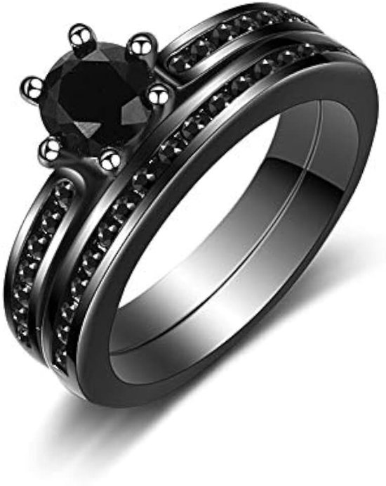 Zwarte Zirconia Solitaire Kanaal Set Trouwring Eeuwigheid Verlovingsring 2 STKS Vrouwen Bruidsringen Sets Y1077, N1/2 (54.4mm), Messing