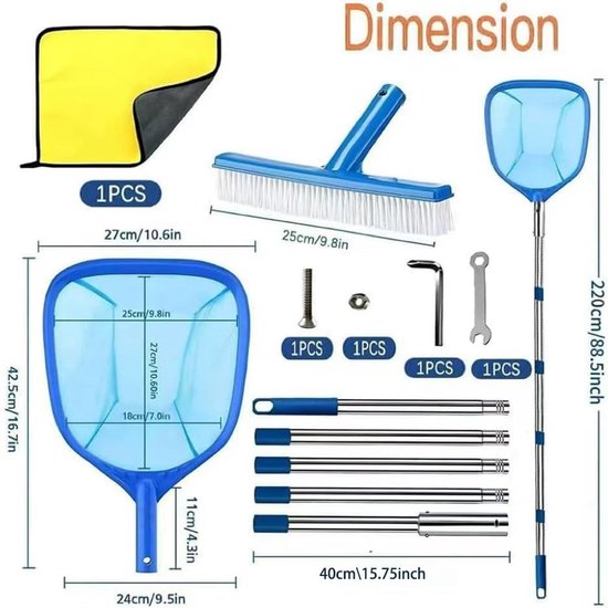 Zwembadschepnet - Blauw - 225 cm - Met Telescoopstang en Fijnmazig Net - Voor Zwembaden en Vijvers