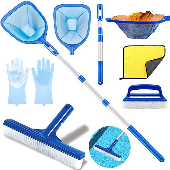Zwembadschepnet met stang - Complete set voor zwembad accessoires - Blauw - 80 - 120 cm lang - Schepnetten, zwembad borstels, handschoenen - Zwembad reiniging - Bortselset - Reinigingsset - Zwembad onderhoud van Badaussie