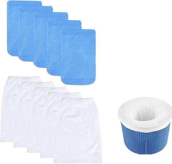Zwembadsokken, 10 stuks, filter voor skimmermand, afneembaar, elastisch nylon net voor het verzamelen van bladeren, haren en afval, zwembadaccessoires, 5 wit en 5 blauw