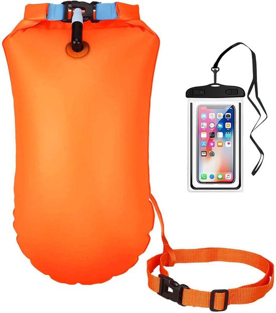 Zwemring met waterdichte tas voor mobiele telefoon, opblaasbare boei voor zwemmen in de open lucht, voor zwemmers, triatleten en snorkelen, oranje